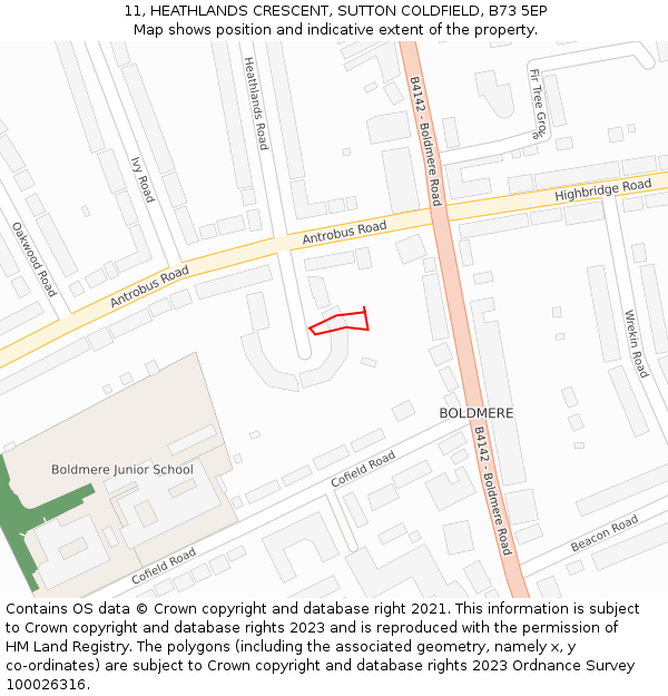 11, HEATHLANDS CRESCENT, SUTTON COLDFIELD, B73 5EP: Location map and indicative extent of plot