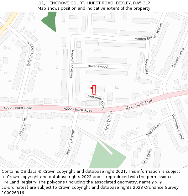 11, HENGROVE COURT, HURST ROAD, BEXLEY, DA5 3LP: Location map and indicative extent of plot