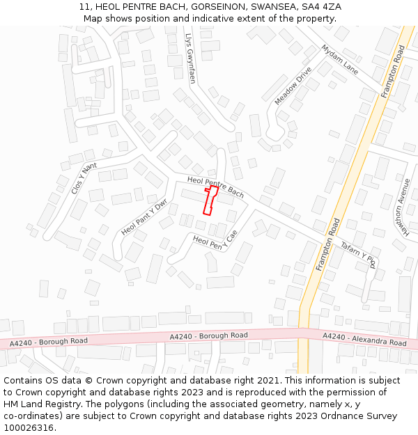 11, HEOL PENTRE BACH, GORSEINON, SWANSEA, SA4 4ZA: Location map and indicative extent of plot