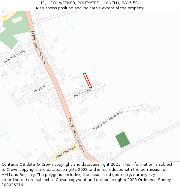 11, HEOL WEPNER, PONTYATES, LLANELLI, SA15 5RU: Location map and indicative extent of plot