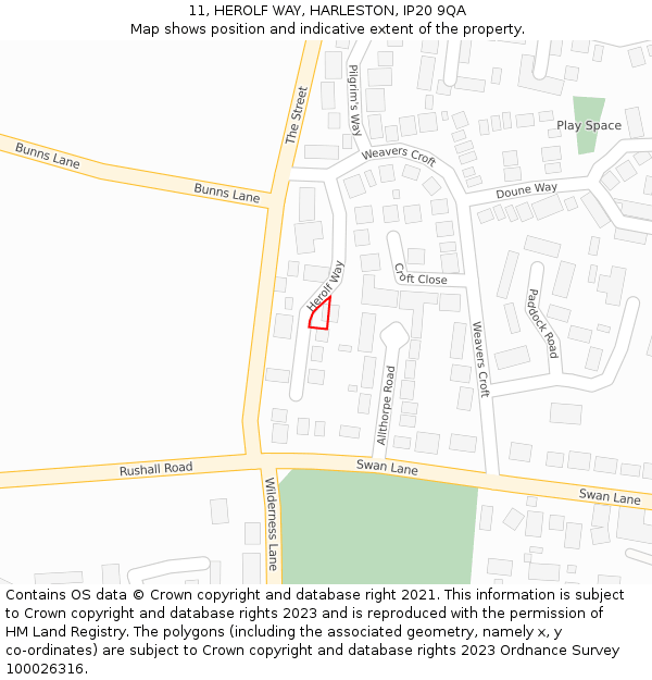 11, HEROLF WAY, HARLESTON, IP20 9QA: Location map and indicative extent of plot