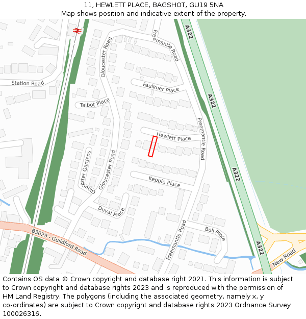 11, HEWLETT PLACE, BAGSHOT, GU19 5NA: Location map and indicative extent of plot