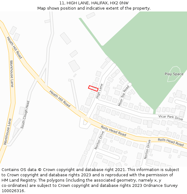 11, HIGH LANE, HALIFAX, HX2 0NW: Location map and indicative extent of plot