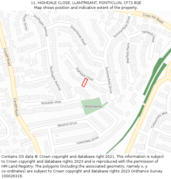 11, HIGHDALE CLOSE, LLANTRISANT, PONTYCLUN, CF72 8QE: Location map and indicative extent of plot