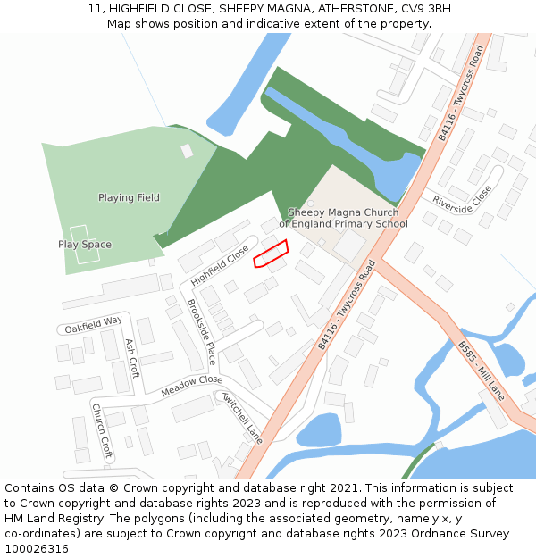 11, HIGHFIELD CLOSE, SHEEPY MAGNA, ATHERSTONE, CV9 3RH: Location map and indicative extent of plot