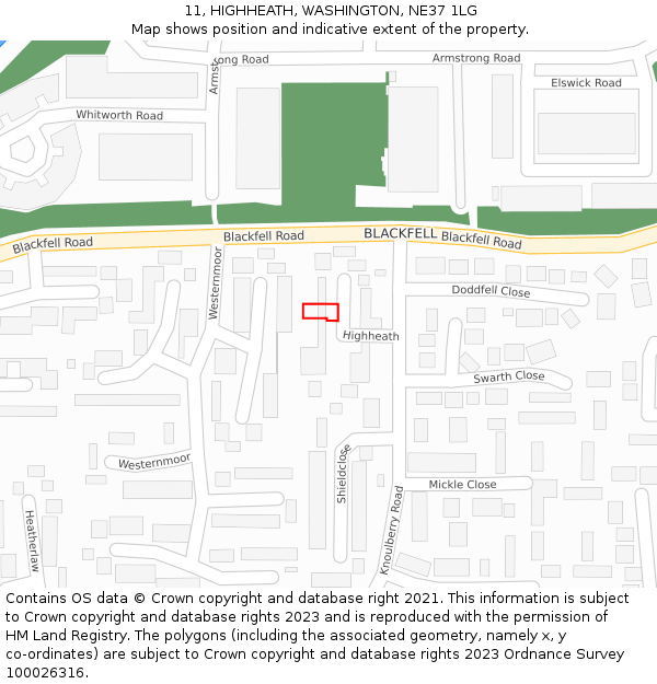 11, HIGHHEATH, WASHINGTON, NE37 1LG: Location map and indicative extent of plot