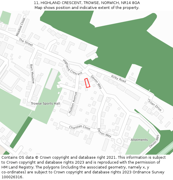 11, HIGHLAND CRESCENT, TROWSE, NORWICH, NR14 8GA: Location map and indicative extent of plot