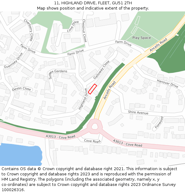 11, HIGHLAND DRIVE, FLEET, GU51 2TH: Location map and indicative extent of plot