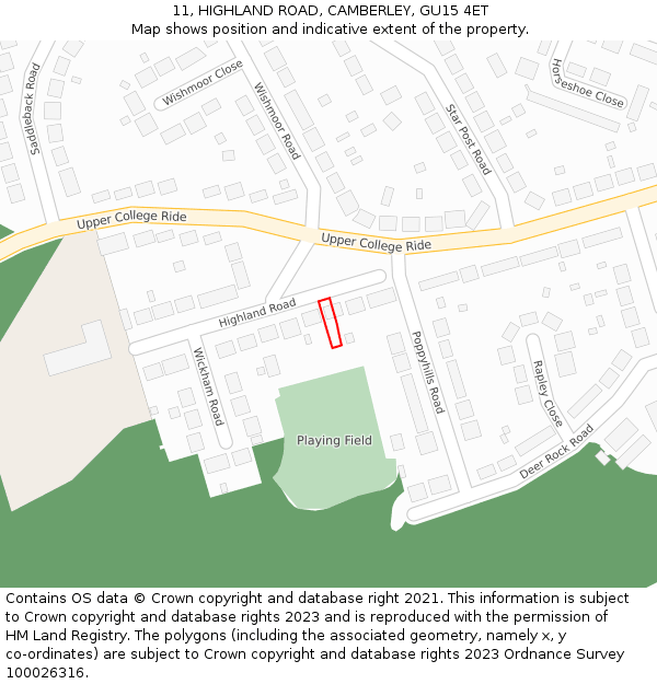 11, HIGHLAND ROAD, CAMBERLEY, GU15 4ET: Location map and indicative extent of plot