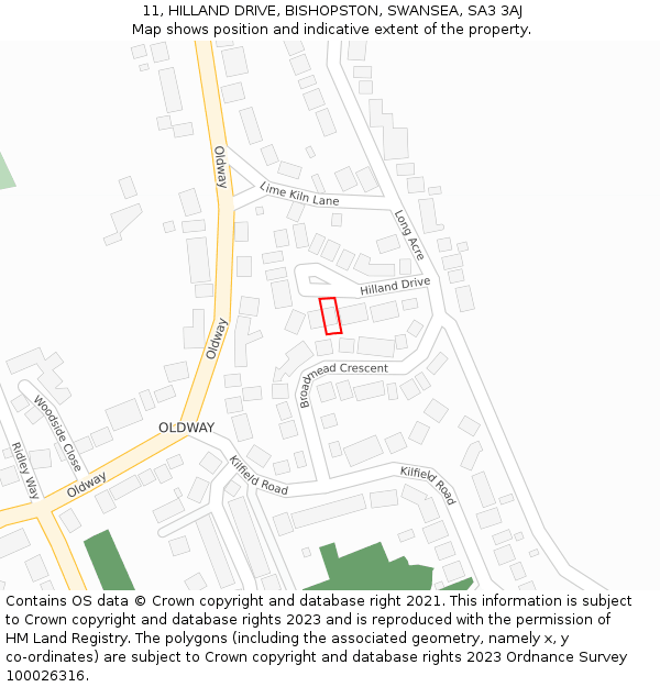 11, HILLAND DRIVE, BISHOPSTON, SWANSEA, SA3 3AJ: Location map and indicative extent of plot