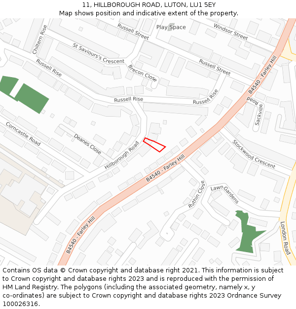 11, HILLBOROUGH ROAD, LUTON, LU1 5EY: Location map and indicative extent of plot