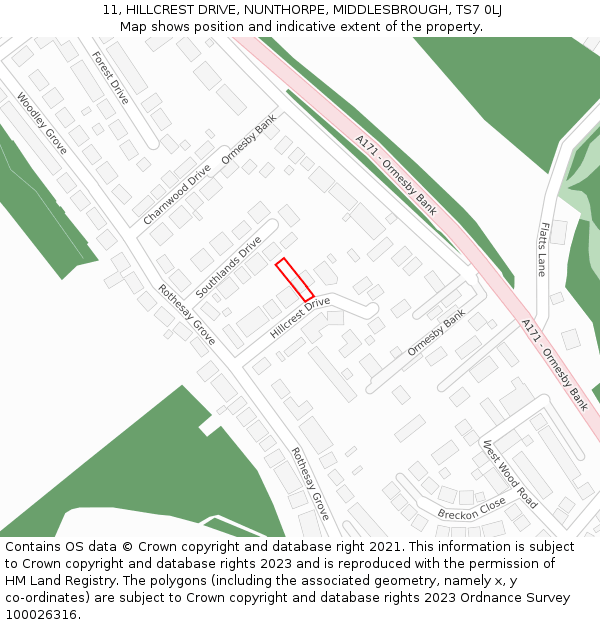 11, HILLCREST DRIVE, NUNTHORPE, MIDDLESBROUGH, TS7 0LJ: Location map and indicative extent of plot