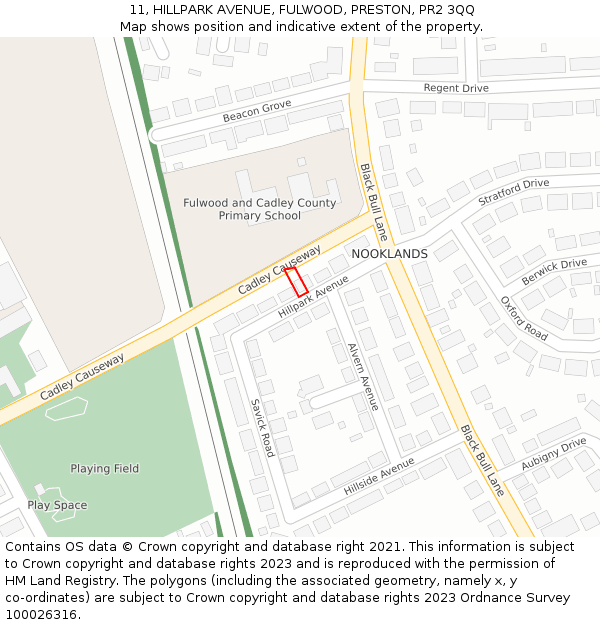 11, HILLPARK AVENUE, FULWOOD, PRESTON, PR2 3QQ: Location map and indicative extent of plot