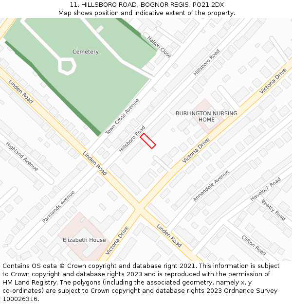 11, HILLSBORO ROAD, BOGNOR REGIS, PO21 2DX: Location map and indicative extent of plot