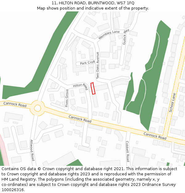 11, HILTON ROAD, BURNTWOOD, WS7 1FQ: Location map and indicative extent of plot