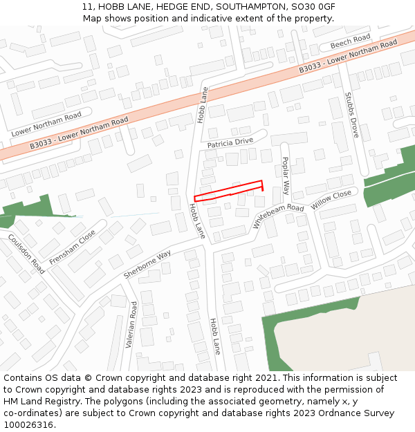 11, HOBB LANE, HEDGE END, SOUTHAMPTON, SO30 0GF: Location map and indicative extent of plot