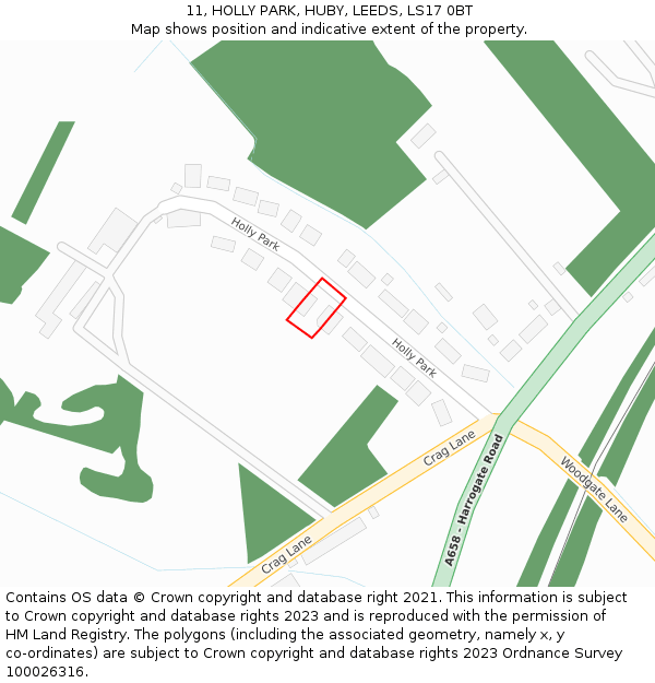 11, HOLLY PARK, HUBY, LEEDS, LS17 0BT: Location map and indicative extent of plot