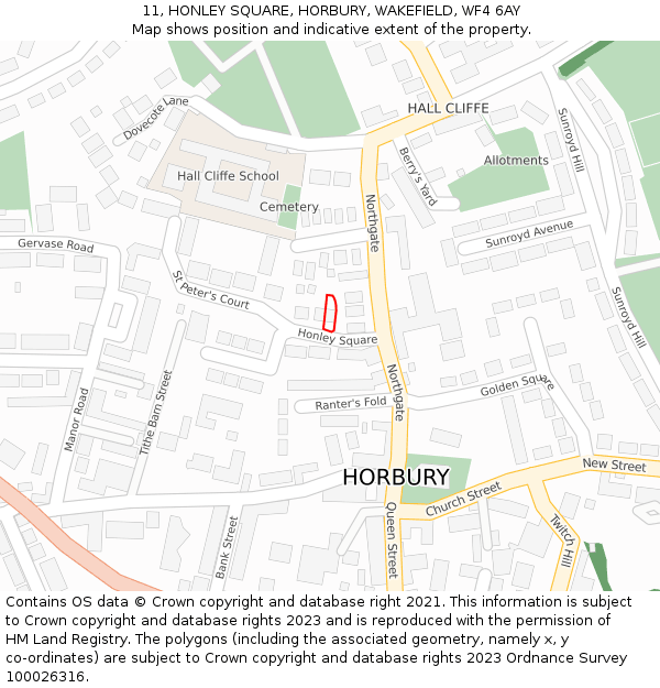 11, HONLEY SQUARE, HORBURY, WAKEFIELD, WF4 6AY: Location map and indicative extent of plot