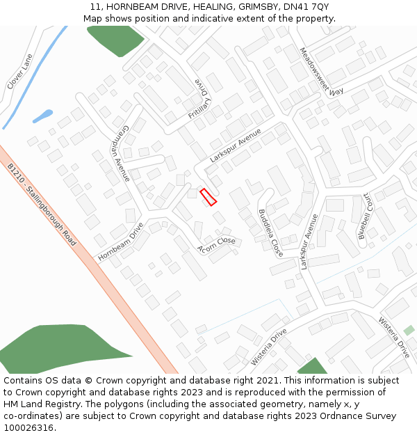 11, HORNBEAM DRIVE, HEALING, GRIMSBY, DN41 7QY: Location map and indicative extent of plot