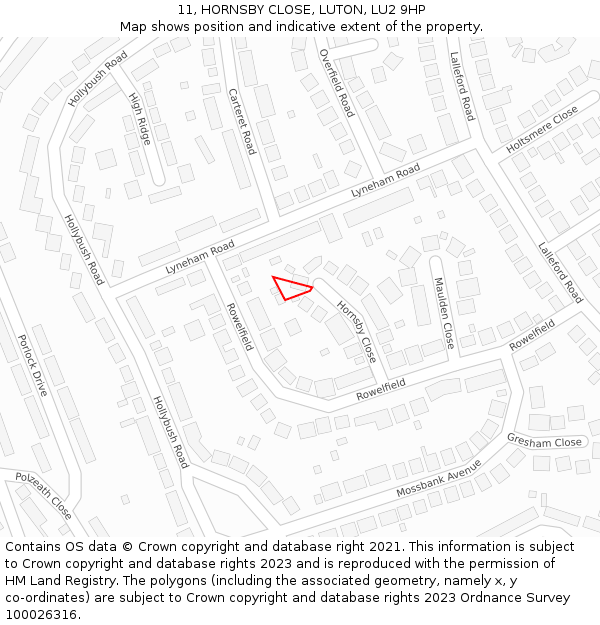 11, HORNSBY CLOSE, LUTON, LU2 9HP: Location map and indicative extent of plot