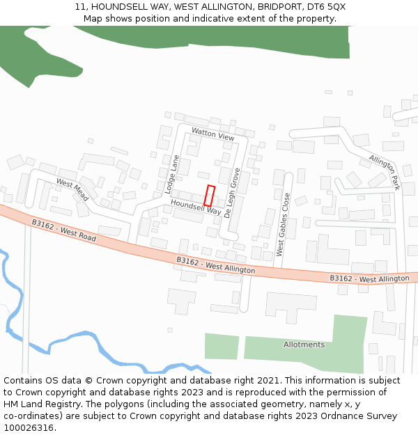 11, HOUNDSELL WAY, WEST ALLINGTON, BRIDPORT, DT6 5QX: Location map and indicative extent of plot