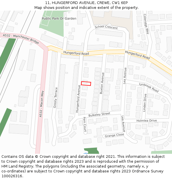 11, HUNGERFORD AVENUE, CREWE, CW1 6EP: Location map and indicative extent of plot