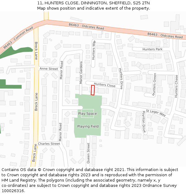 11, HUNTERS CLOSE, DINNINGTON, SHEFFIELD, S25 2TN: Location map and indicative extent of plot