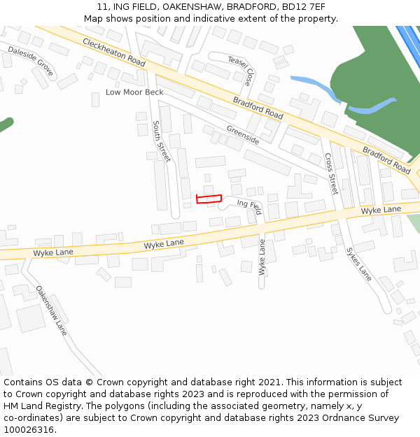 11, ING FIELD, OAKENSHAW, BRADFORD, BD12 7EF: Location map and indicative extent of plot
