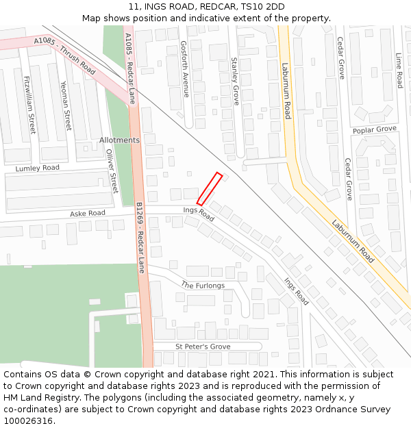 11, INGS ROAD, REDCAR, TS10 2DD: Location map and indicative extent of plot