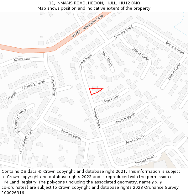 11, INMANS ROAD, HEDON, HULL, HU12 8NQ: Location map and indicative extent of plot