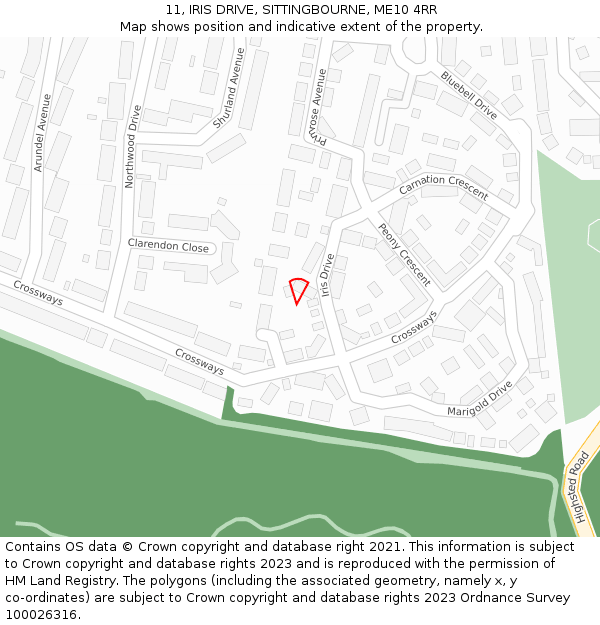 11, IRIS DRIVE, SITTINGBOURNE, ME10 4RR: Location map and indicative extent of plot