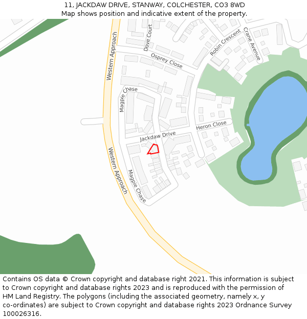 11, JACKDAW DRIVE, STANWAY, COLCHESTER, CO3 8WD: Location map and indicative extent of plot