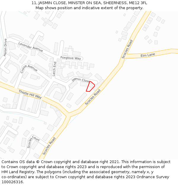 11, JASMIN CLOSE, MINSTER ON SEA, SHEERNESS, ME12 3FL: Location map and indicative extent of plot