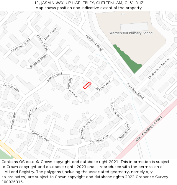 11, JASMIN WAY, UP HATHERLEY, CHELTENHAM, GL51 3HZ: Location map and indicative extent of plot