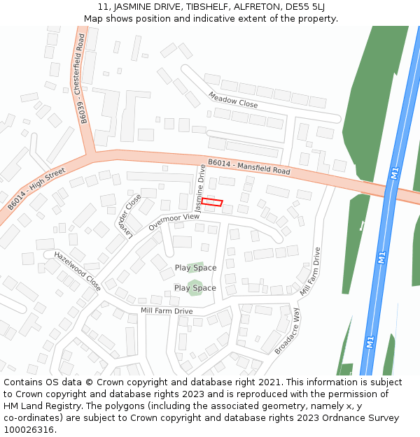 11, JASMINE DRIVE, TIBSHELF, ALFRETON, DE55 5LJ: Location map and indicative extent of plot