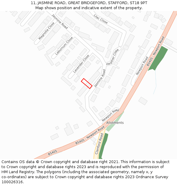 11, JASMINE ROAD, GREAT BRIDGEFORD, STAFFORD, ST18 9PT: Location map and indicative extent of plot