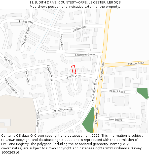 11, JUDITH DRIVE, COUNTESTHORPE, LEICESTER, LE8 5QS: Location map and indicative extent of plot