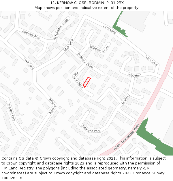 11, KERNOW CLOSE, BODMIN, PL31 2BX: Location map and indicative extent of plot