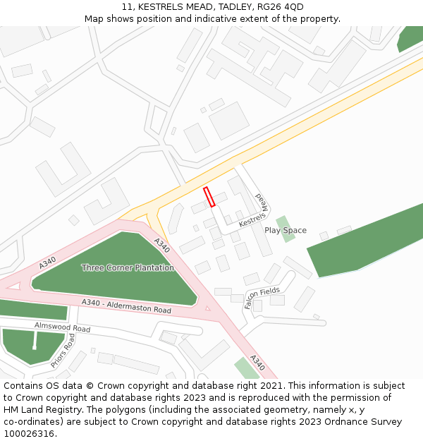 11, KESTRELS MEAD, TADLEY, RG26 4QD: Location map and indicative extent of plot