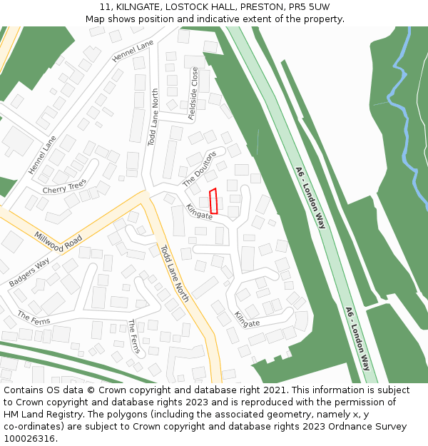 11, KILNGATE, LOSTOCK HALL, PRESTON, PR5 5UW: Location map and indicative extent of plot