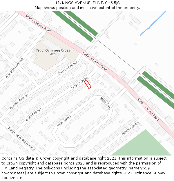 11, KINGS AVENUE, FLINT, CH6 5JS: Location map and indicative extent of plot