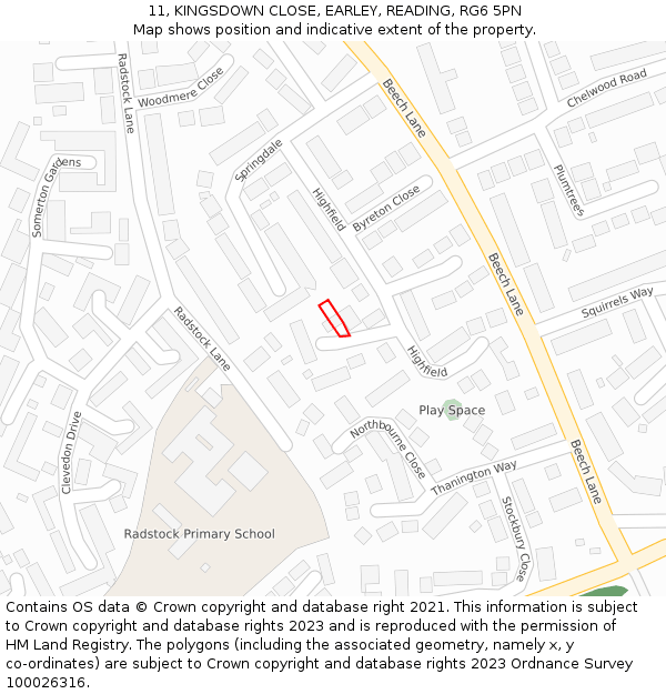 11, KINGSDOWN CLOSE, EARLEY, READING, RG6 5PN: Location map and indicative extent of plot