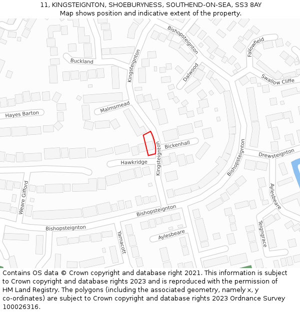 11, KINGSTEIGNTON, SHOEBURYNESS, SOUTHEND-ON-SEA, SS3 8AY: Location map and indicative extent of plot
