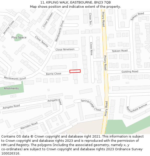 11, KIPLING WALK, EASTBOURNE, BN23 7QB: Location map and indicative extent of plot