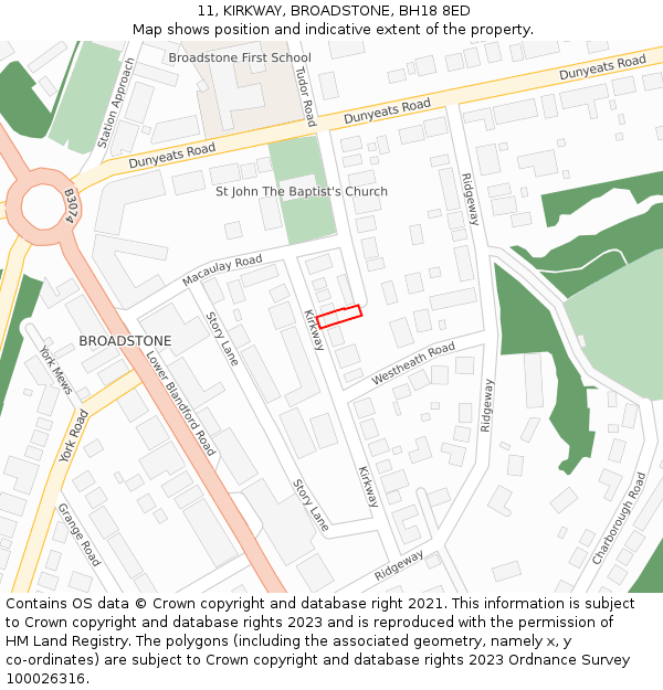 11, KIRKWAY, BROADSTONE, BH18 8ED: Location map and indicative extent of plot