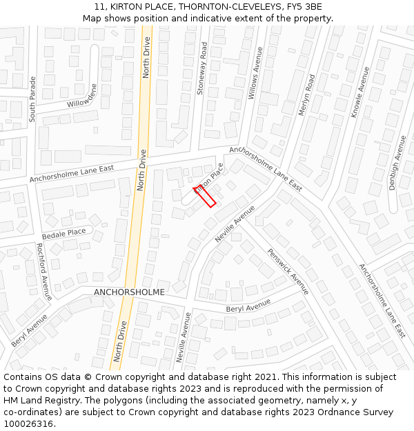 11, KIRTON PLACE, THORNTON-CLEVELEYS, FY5 3BE: Location map and indicative extent of plot