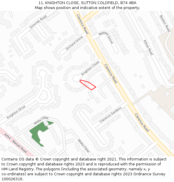 11, KNIGHTON CLOSE, SUTTON COLDFIELD, B74 4BA: Location map and indicative extent of plot