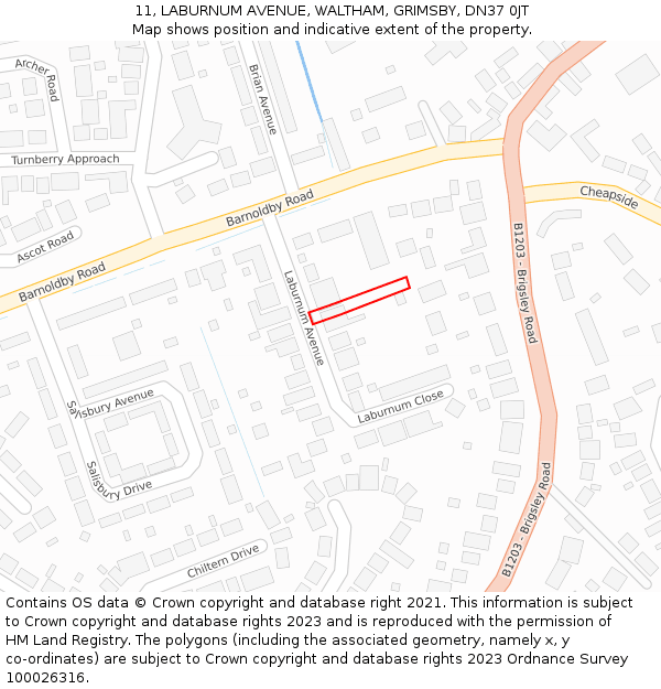 11, LABURNUM AVENUE, WALTHAM, GRIMSBY, DN37 0JT: Location map and indicative extent of plot