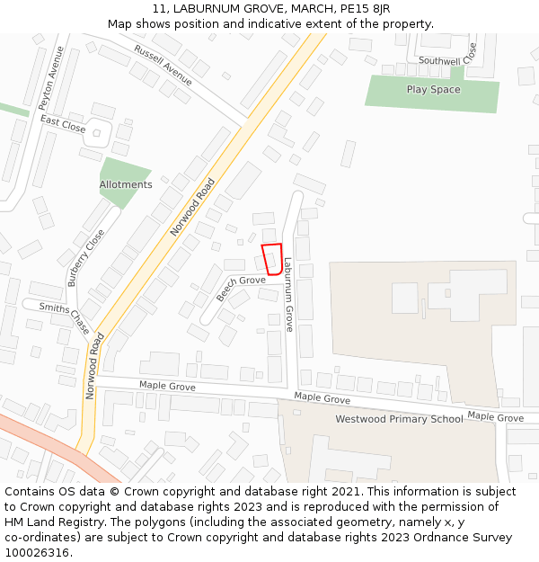11, LABURNUM GROVE, MARCH, PE15 8JR: Location map and indicative extent of plot