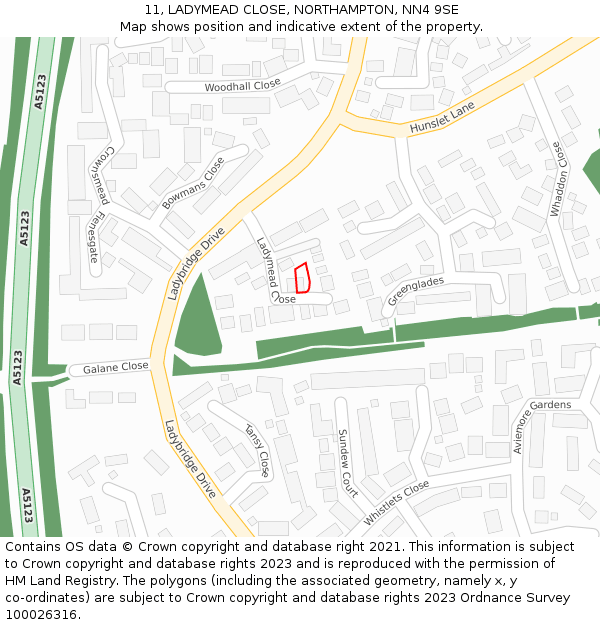 11, LADYMEAD CLOSE, NORTHAMPTON, NN4 9SE: Location map and indicative extent of plot